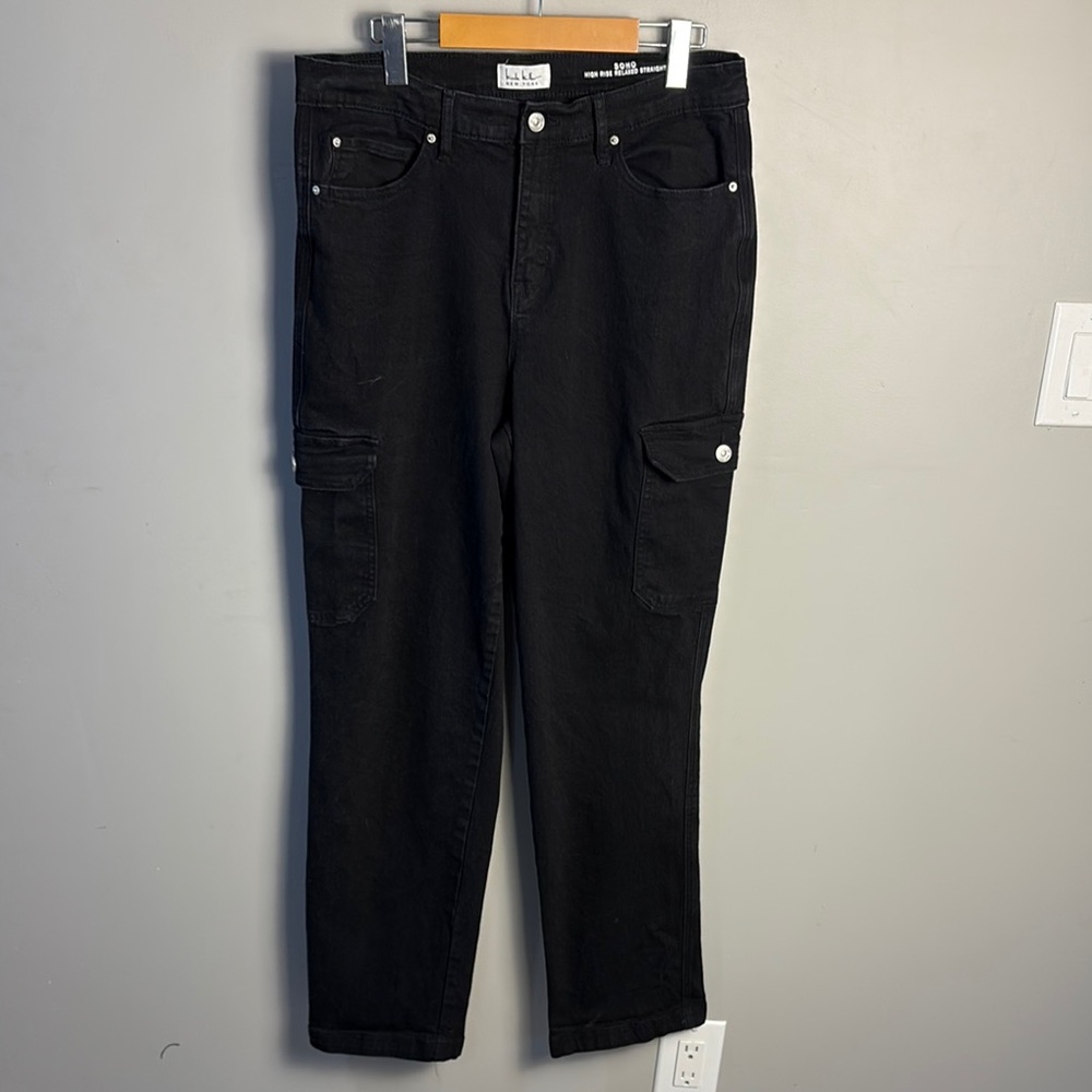 Nicole Miller New York Soho High Rise Black Denim Cargo Pockets Women's Size 12